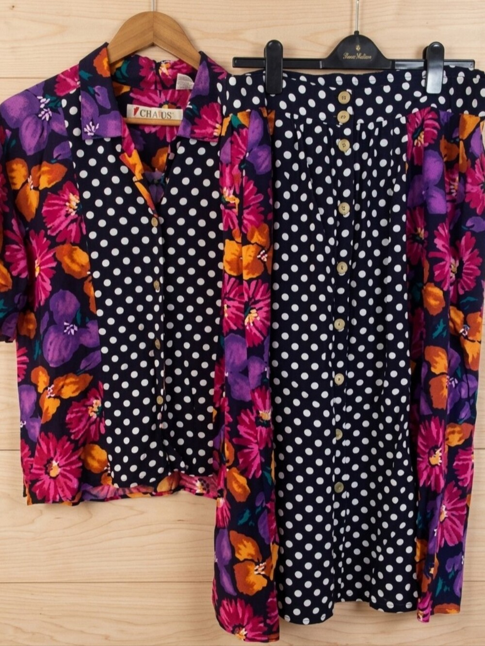 Vintage CHAUS 2pc Set Floral Polka Dot Midi Skirt Blouse Whimsigoth 6 - Picture 2 of 3